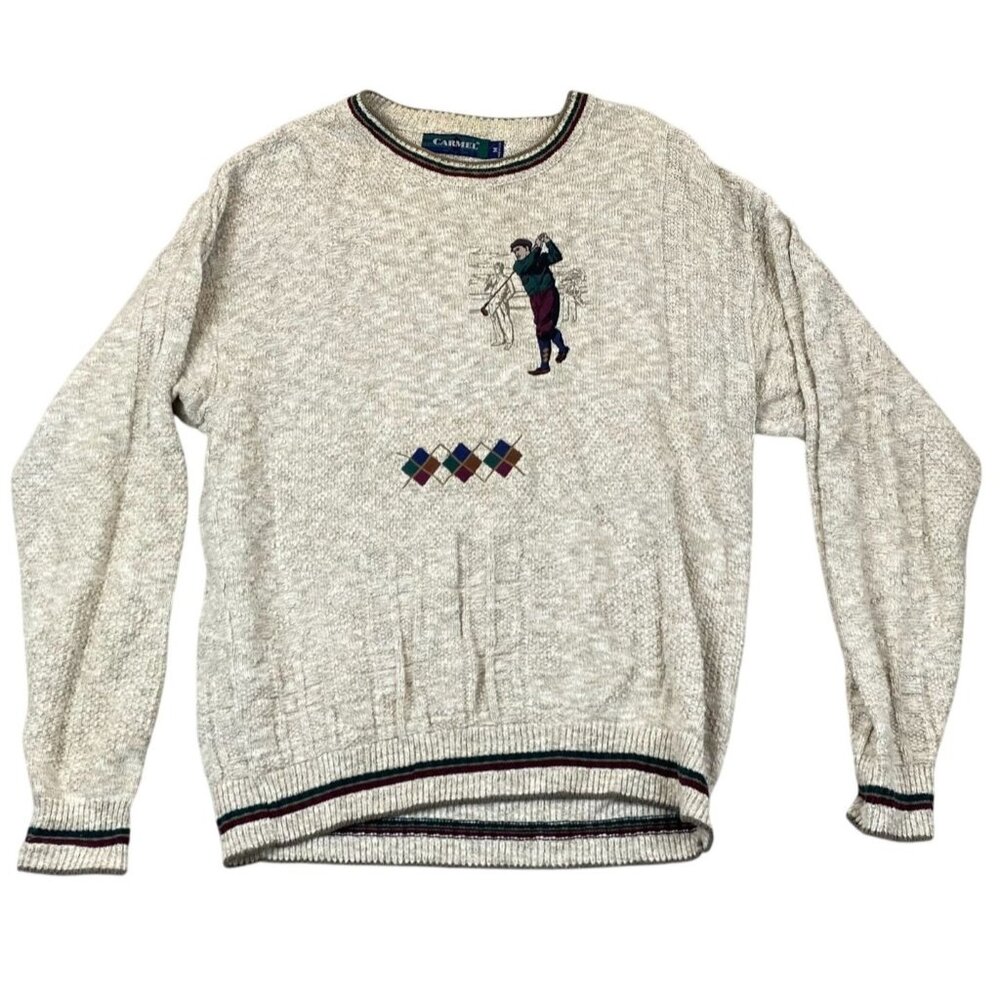 Carmel Mens Sweater Medium Pullover Knit Embroidered Vintage Golfer Argyle Beige